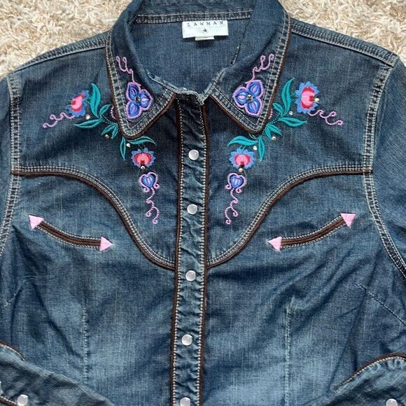Awesome Vintage Lawman Western Shirt Women's Large Denim Embroidered Snap Button - Picture 2 of 13